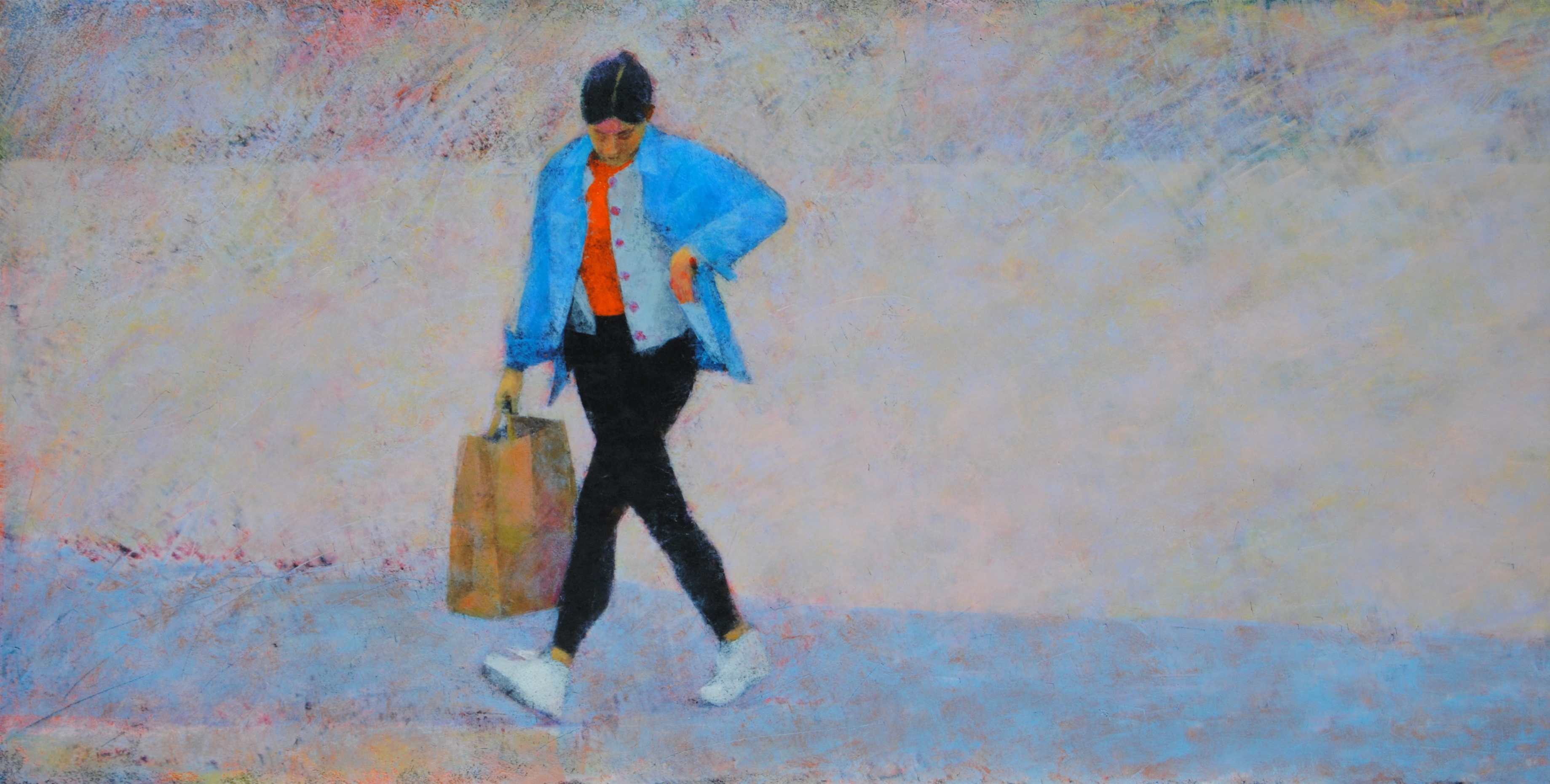 Fresco of a girl walking with a bag